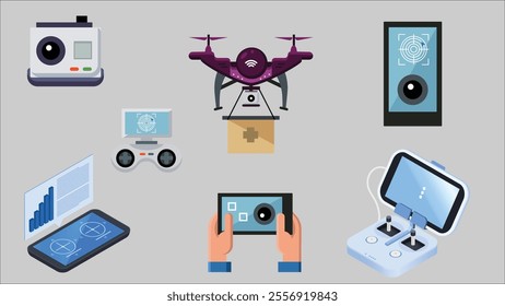 New dark grey drone set, digital camera, remote and sensors on white background. Vector illustration.