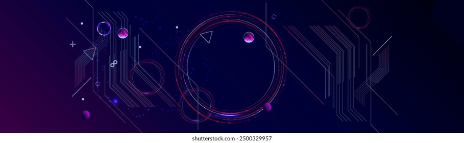 New Dark retro futuristic cyberpunk elements abstraction background cosmos synthwave vaporwave retrowave glitch circle with blue and pink glows