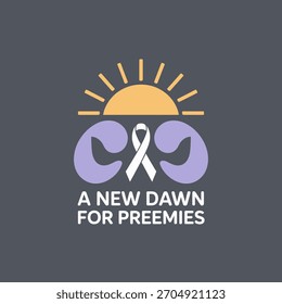 Novo amanhecer para o tema preemies, brilho do nascer do sol emblema, fita roxa pastel, consciência neonatal, apoio de bem-estar, distintivo moderno, vetor