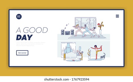 New day beginning landing page with different people at home, waking up, doing yoga, exercising. Enjoy every morning banner template. Linear cartoon vector illustration