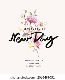 new day calligraphy slogan on color flowers bouquet vector illustration background