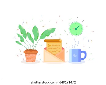 New Day, Planet and mail and coffee and clock all the thing that matter in every day 