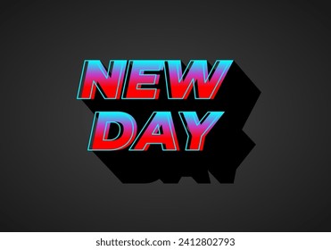 Nuevo día. Diseño de efecto de texto en apariencia 3D. Color rojo azul degradado. Fondo oscuro