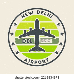 New Delhi airport insignia. Round badge with vintage stripes, airplane shape, airport IATA code and GPS coordinates. Attractive vector illustration.