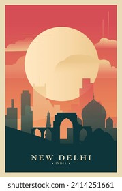 New Delhi city brutalism poster with abstract skyline, cityscape retro vector illustration. India capital travel front cover, brochure, flyer, leaflet, business presentation template image