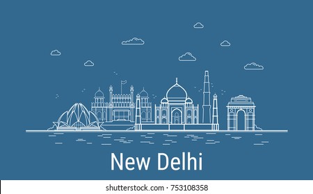 New Delhi Stadt, Line Art Vector Illustration mit allen berühmten Gebäuden. Lineares Banner mit Showplace. Zusammensetzung des modernen Stadtbildes. Gebäude in Neu-Delhi