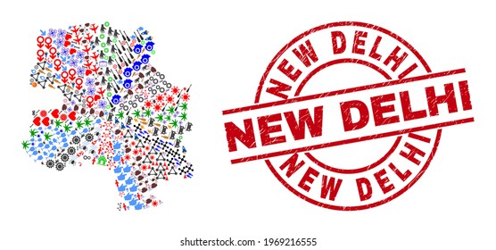 New Delhi City map mosaic and scratched New Delhi red round stamp. New Delhi stamp uses vector lines and arcs. New Delhi City map collage contains gears, houses, lamps, bugs, people, and more icons.