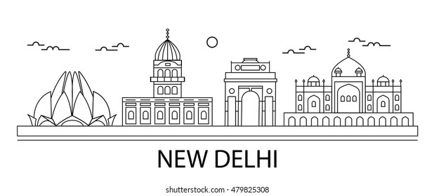 New Delhi city skyline in linear style, vector illustration. Includes different  lined New Delhi monuments and buildings