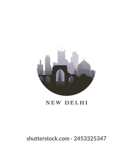 New Delhi cityscape, gradient vector badge, flat skyline logo, icon. India capital city round emblem idea with landmarks and building silhouettes. Isolated graphic