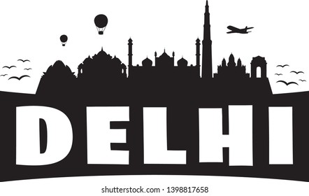 New Delhi India. City Skyline. Silhouette Banner City. Design Vector. Famous Monuments.