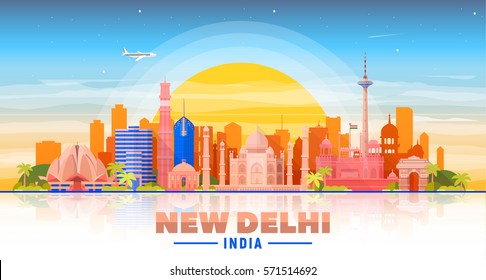 New Delhi (India ) City Skyline Blue Sky Background. Flat Vector Illustration. Business Travel And Tourism Concept With Modern Buildings. Image For Banner Or Web Site.