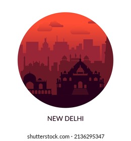 New Delhi, India famous city sunset label. 