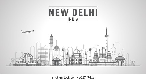 New Delhi (India ) Line City Skyline White Background. Flat Vector Illustration. Business Travel And Tourism Concept With Modern Buildings. Image For Banner Or Web Site.