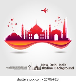 New Delhi, India, Skyline Background, Vector Illustration