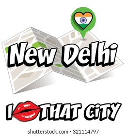 New Delhi. I Love That City. Vector Illustration with country flag.