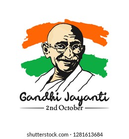 New Delhi, October 2, 2019: Gandhi Jayanti Day. Mohandas Karamchand Mahatma Gandhi, Father Of India. Vector Illustration. Tricolor Flag Of India. Eps 10.