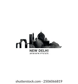 New Delhi panorama, vector badge, skyline logo and icon. India city horizon logotype with landmarks and building silhouettes. Isolated foggy abstract gradient graphic