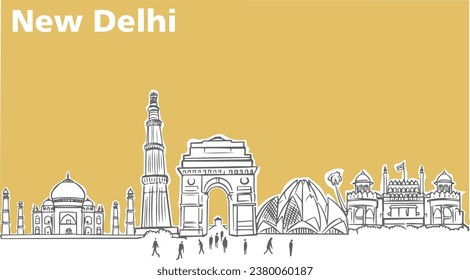 New Delhi Skyline with Historic Buildings, Vector simple contemporary Illustration. monuments in line art