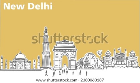 New Delhi Skyline with Historic Buildings, Vector simple contemporary Illustration. monuments in line art