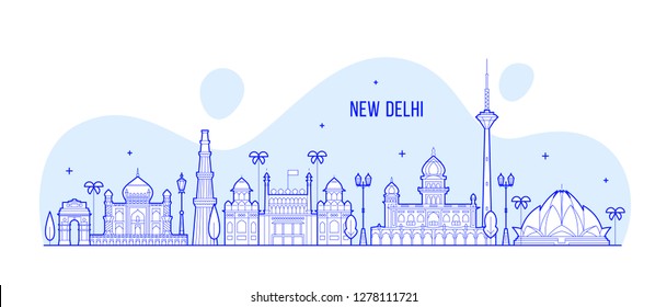 New Delhi skyline, India. This illustration represents the city with its most notable buildings. Vector is fully editable, every object is holistic and movable