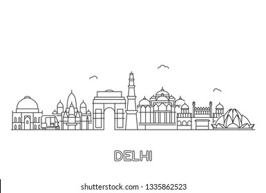 New Delhi skyline. Line art illustration with  famous buildings.