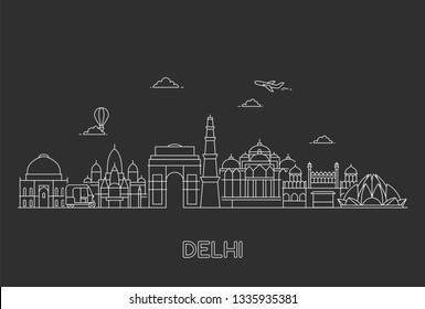 New Delhi skyline. Line art illustration with  famous buildings.