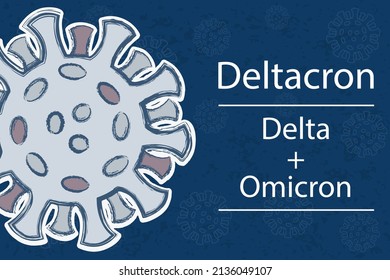 The new Deltacron variant is a combination of Delta and Omicron variants.  White text on dark blue background with an image of coronavirus. Different colors of spike proteins symbolize recombination.