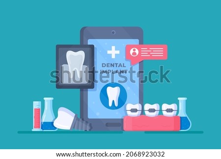 New dentistry. Concept of X-rays, braces installation, implants, root canal cleaning, Scaling, dentures. 
