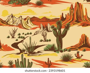 Nuevo vector del desierto Patrón, fondo de montaña y cactus, vida desértica, arte vectorial para el patrón del desierto, uso de la huella de allover para tee, sudadera, camisa