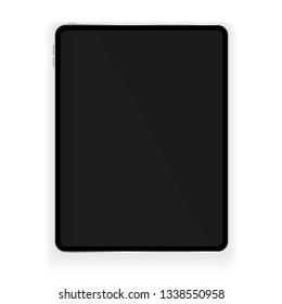 New design of black tablet in trendy thin frame style with shadow isolated on white background. Vector illustration