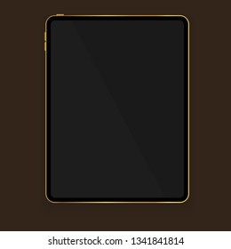 New design of black tablet in trendy thin frame style with shadow isolated on brown background. Vector illustration