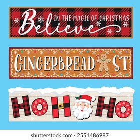 New design flat horizontal vector Christmas banner set. Christmas banners, Believe, Gingerbread and Ho Ho Ho.