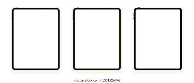 New design of gold, silver and black tablets in trendy thin frame style with shadow isolated on white. Empty screen concept. Vector illustration