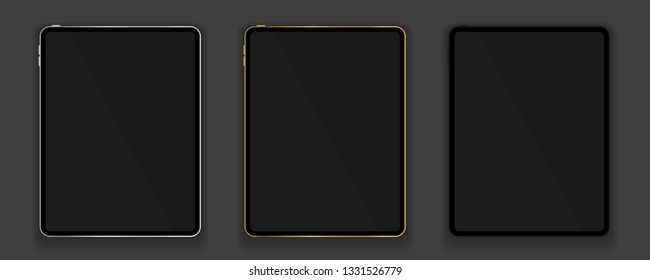 Nuevo diseño de tabletas doradas, plateadas y negras en un estilo moderno de marco fino con sombra aislada en fondo gris. Concepto de pantalla vacío. Ilustración del vector