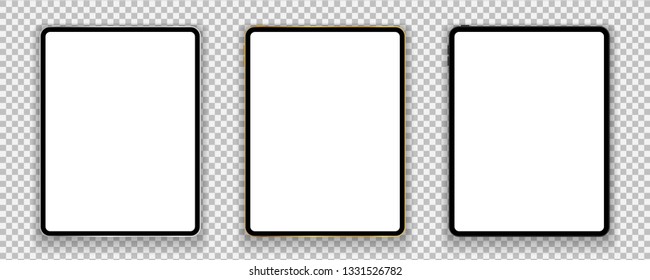 New design of gold, silver and black tablets in trendy thin frame style with shadow isolated on transparent background. Empty screen concept. Vector illustration