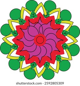 new design with green colors leaf and flowers a red mixed art by mandala