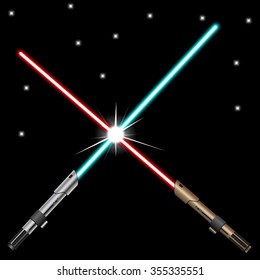New design red and blue crossed glowing electric light weapons on black night sky background. Vector illustration