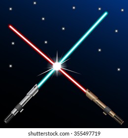 New design red and blue crossed light swords on blue night sky background. Vector illustration