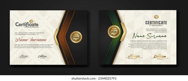 Nuevo diseño dos set plantilla de certificado de lujo con efecto de sombra en capas superpuestas y color crema en el fondo del patrón. Para las necesidades de premios, negocios y educación. ilustración vectorial