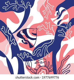 New designs of underwater coral and fish motifs for graphic backgrounds, mural prints, invitation cards, wallpaper, fabric prints, and industrial uses. Modern and minimalist latest vector coral.
