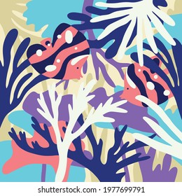 New designs of underwater coral and fish motifs for graphic backgrounds, mural prints, invitation cards, wallpaper, fabric prints, and industrial uses. Modern and minimalist latest vector coral.