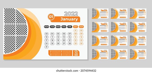 
New desk, wall, table Calendar 2022 planner corporate template design set, Desk Calendar template design with Place for Photo and Company Logo. Week starts Monday . Set of 12 Months white background