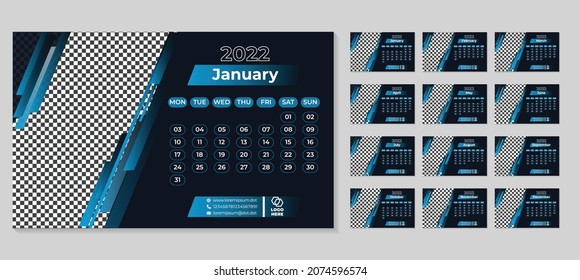 New desk, wall, table Calendar 2022 planner corporate template design set, Desk Calendar template design with Place for Photo and Company Logo. Week starts Monday . Set of 12 Months blue background