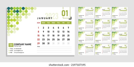 Nuevo escritorio, pared, tabla Calendario 2023 semana inicio lunes planeamiento de diseño corporativo. conjunto de plantillas de 12 meses
