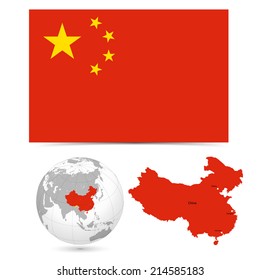 New Detailed Vector  Flag With Map World Of China. Names, Town Marks And National Borders Are In Separate Layers. With Globe That Separates By Continent.