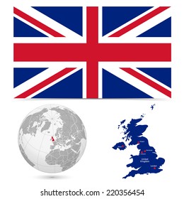 New Detailed vector  flag with Map world of England. Names, town marks and national borders are in separate layers. with globe That separates by Continent.