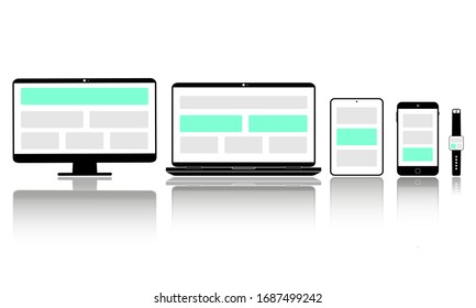 Nuevo conjunto plano de icono de dispositivo en negro: smartphone, portátil, monitor de ordenador, tableta y reloj inteligente con fondo blanco aislado. Vector EPS 10