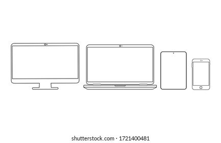 New device icon flat set in black smartphone, laptop, computer monitor on isolated white background. EPS 10 vector