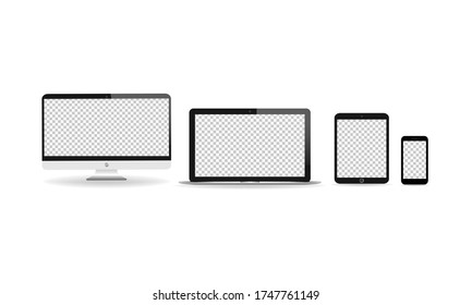 New device realistic icon flat set. Smartphone, laptop, computer monitor, tablet and smart watch on isolated white background. EPS 10 vector.