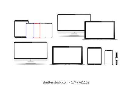 New device realistic icon flat set. Smartphone, laptop, computer monitor, tablet and smart watch on isolated white background. EPS 10 vector.